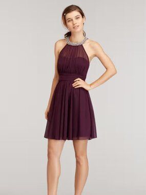 David’s Bridal Plum Purple Chiffon Pearl Halter Neck Mini Dress Size 14